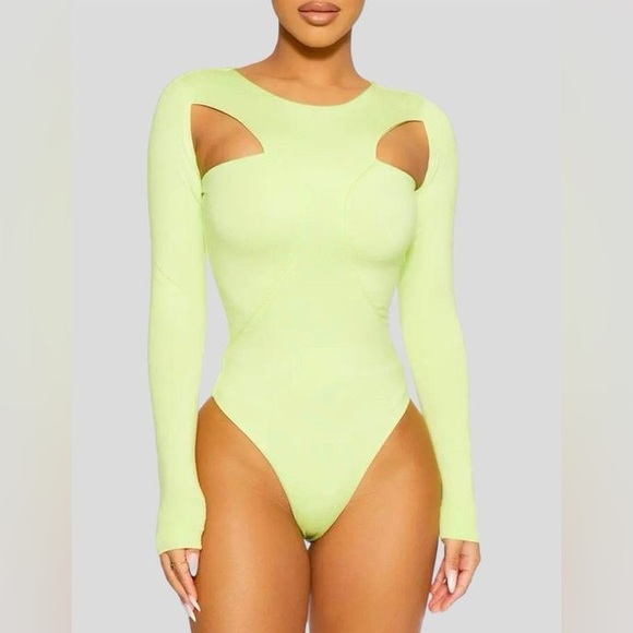 Naked Wardrobe Lime Green Cutout Long Sleeve Bodysuit - Picture 1 of 12